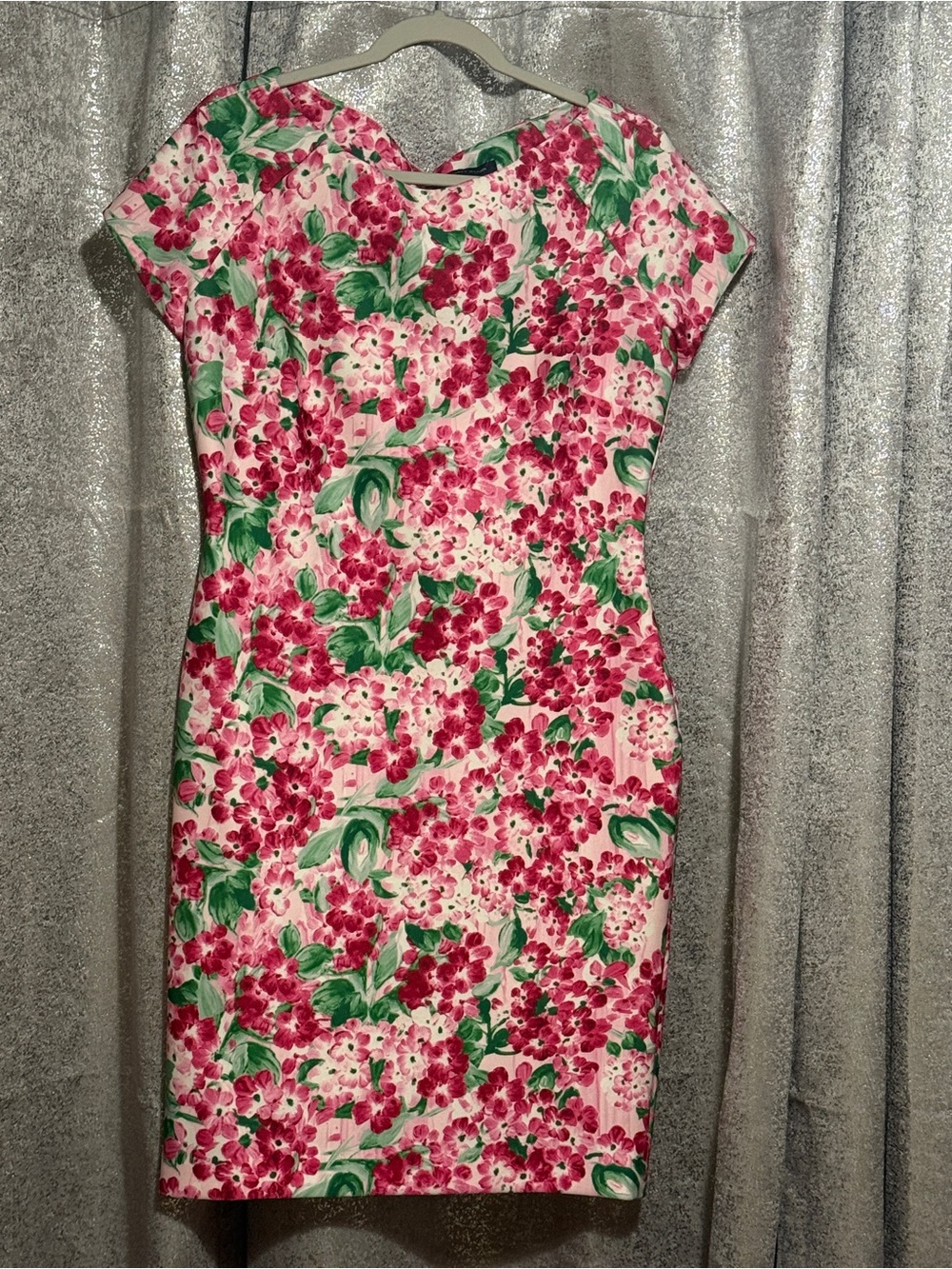 Tommy Hilfiger Vibrant Pink Floral Midi Scuba Jersey Sheath Dress Green Leaves